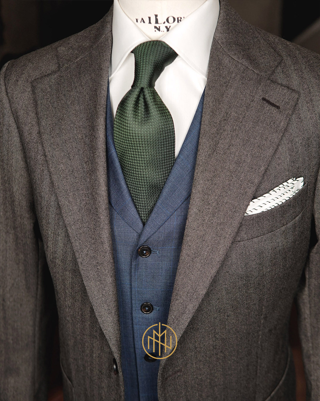 Granatowa kamizelka na miarę w kratę Księcia Walii o splocie hopsack