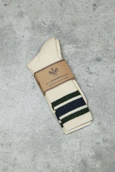 Skarpety 'Ivy League' - kremowe w granatowo-zielone pasy (Portugalia)