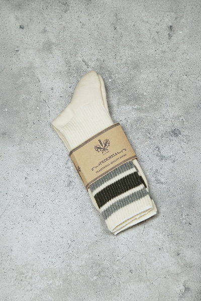 Skarpety 'Ivy League' - kremowe w oliwkowo-szare pasy (Portugalia)