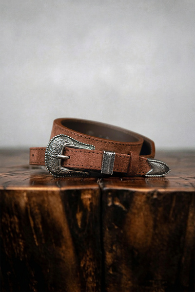 Westernowy pasek zamszowy z ozdobną klamrą - brąz [Ranger]